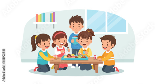 Children Celebrating Birthday Party with Cake and Gifts in a Playful Indoor