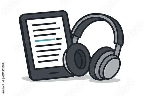 Digital e-reader device displaying text content next to large over-ear headphones for audio listening