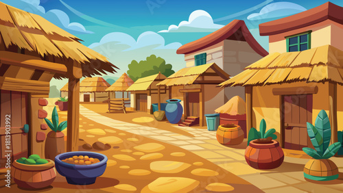 Peaceful Asian village scene at sunset with a huge tree in the foreground vector illustration ai generated art