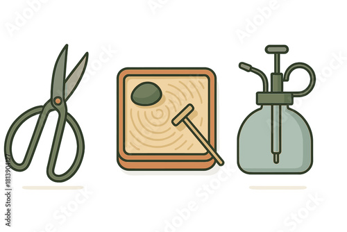 Collection of essential tools for gardening, plant care, and relaxation