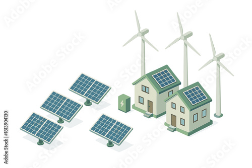 Sustainable energy system with residential houses, solar panels, wind turbines, and battery storage