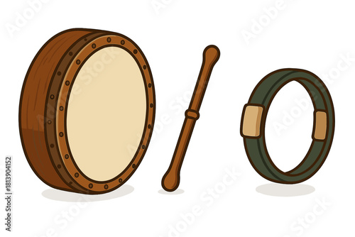 Traditional Irish Bodhran drum with wooden tipper and carrying strap isolated on white background