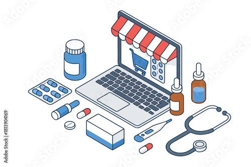 Online pharmacy concept with laptop and various medical supplies in isometric view