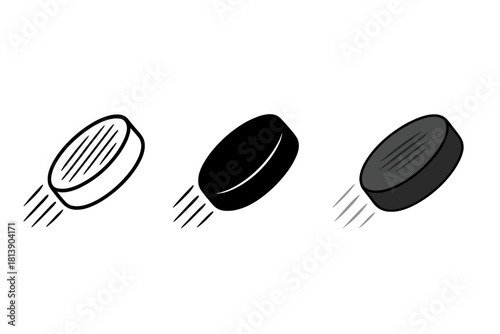 Three dynamic styles of flying hockey puck icons symbolizing speed and winter sports