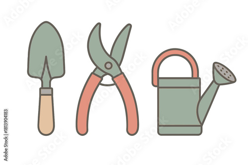 Essential gardening tools set including a hand trowel, pruning shears, and watering can