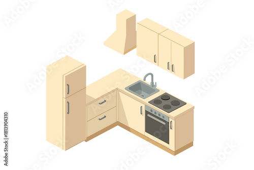 Isometric view of modern kitchen interior setup with cabinets and appliances