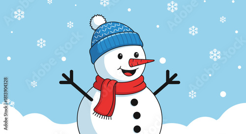 Cheerful winter illustration of a friendly snowman character wearing a cozy beanie and scarf in a snowy landscape with falling snowflakes