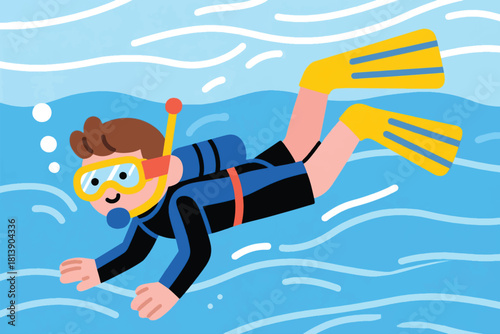 Vector cartoon illustration of scuba diver underwater with snorkel mask, fins, and oxygen tank.
