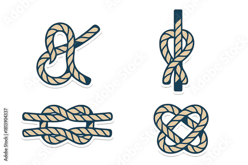 Set of classic nautical rope knots used for sailing, boating, and maritime activities