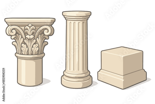 Ancient Greek and Roman architectural elements featuring column, ornate capital, and stone pedestal