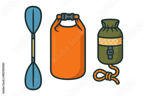 Essential equipment for kayaking and canoeing: paddle, dry bag, and waterproof sack