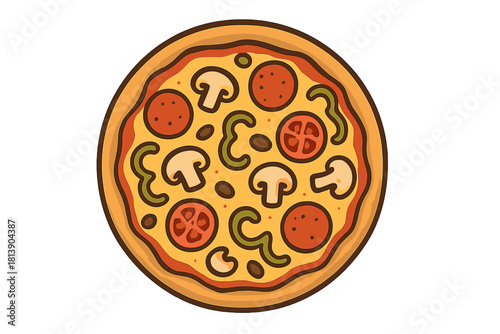 Traditional round pizza with generous toppings of pepperoni, mushrooms, bell peppers, and tomatoes