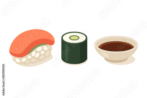 Isometric traditional Japanese sushi, maki roll, and soy sauce in a dipping bowl