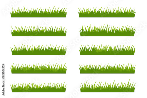 Fresh green lawn borders and natural grass patches isolated on white background