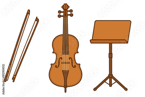 Traditional wooden string instrument, its bow, and an adjustable music stand for classical performance