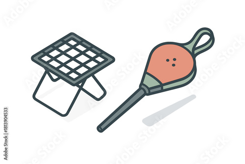 Portable folding grill rack and fire starting air pump tool for camping gear set