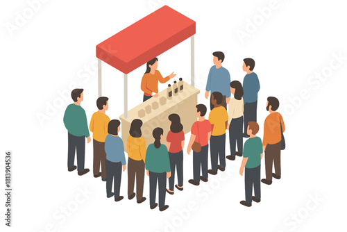 Diverse crowd of customers queuing at an outdoor market stall with a vendor