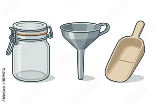 Glass jar, metal funnel, and wooden scoop for zero waste bulk food shopping and storage