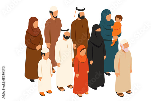 Diverse Middle Eastern and Arab community wearing traditional Islamic attire