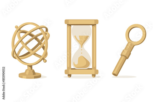 Golden antique armillary sphere, classic sand timer hourglass, and vintage winding key collection