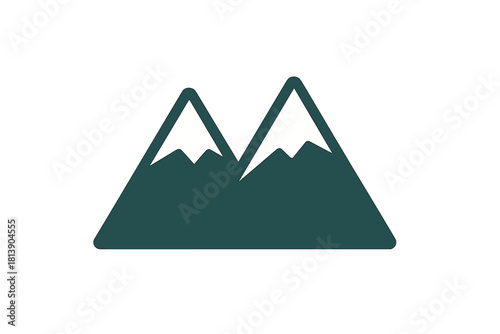 Minimalist graphic symbol of two mountain peaks with snow caps in dark teal