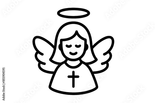 Minimalist smiling angel character with wings, halo, and Christian cross symbol