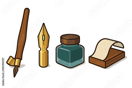 Vintage writing tools set with dip pen, golden nib, ink bottle, and paper blotter