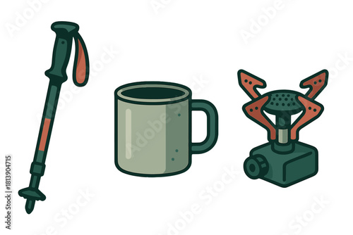 Essential outdoor camping and hiking gear set including trekking pole mug and portable stove
