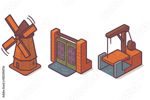 Traditional power sources and water management structures in isometric view