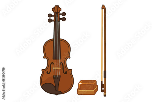 Classic wooden violin musical instrument setup featuring the bow and amber rosin block for performance
