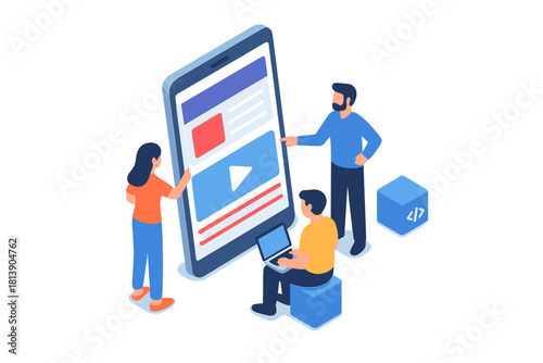 Developers designing mobile application interface on large smartphone screen