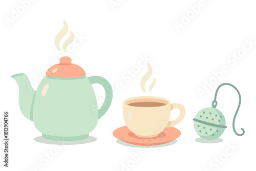 Steaming tea set with teapot, cup, saucer, and infuser in pastel colors