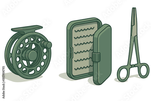 Fly fishing gear set with a reel, open fly box, and specialized forceps on white