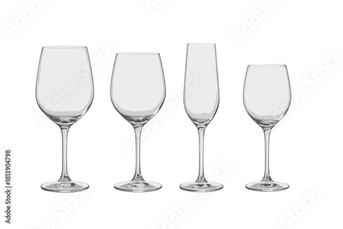 Empty clear stemware collection featuring various wine glasses and a champagne flute