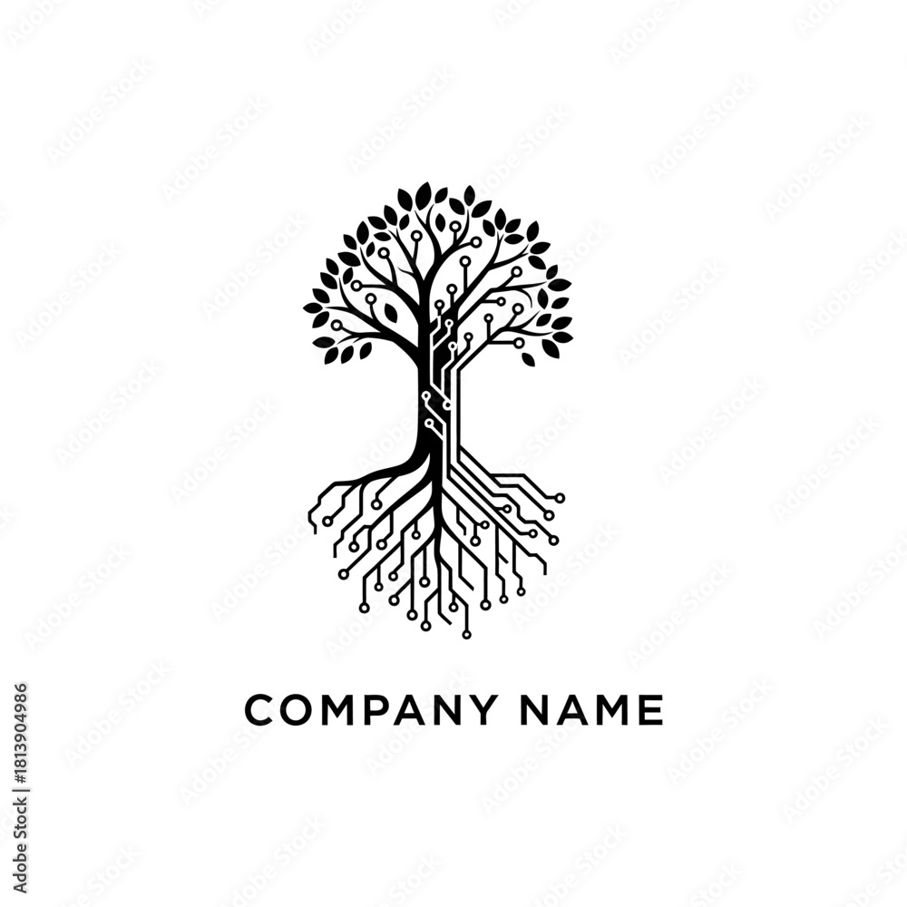 Obraz premium Technology Tree Logo with Digital Circuit Board Roots.