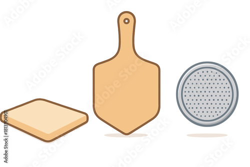 Set of wooden pizza peels and metal screen for baking and serving Italian food