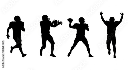 Football Player Silhouette Vector Showing Sequential Actions — Running, Catching, Throwing, Celebrating

