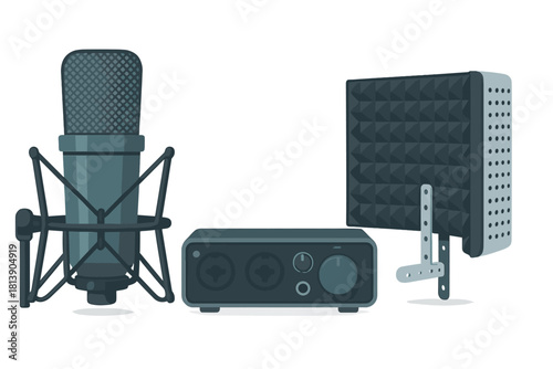 Professional home studio equipment set including microphone, audio interface, and acoustic shield
