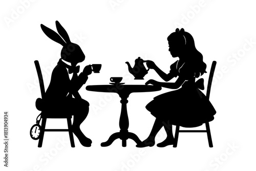 Silhouette of a girl and a rabbit having a fantasy tea party at a small table