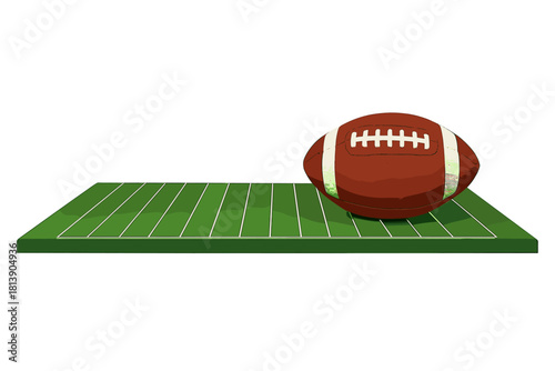 American football resting on a miniature green turf field isolated on white