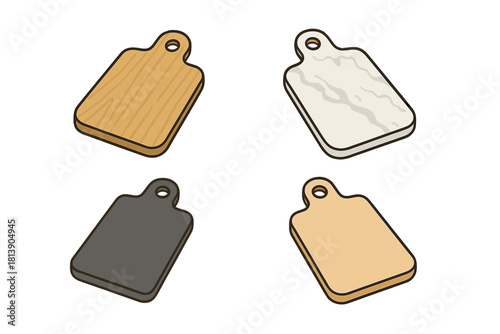 Assortment of four kitchen cutting boards with distinct textures including natural wood grain and white marble