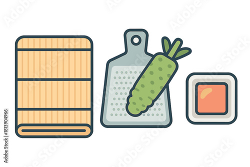 Traditional Japanese sushi preparation items including bamboo rolling mat, wasabi grater, and maki roll slice