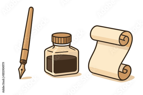 Vintage writing set with classic dip pen, square ink bottle, and old parchment scroll