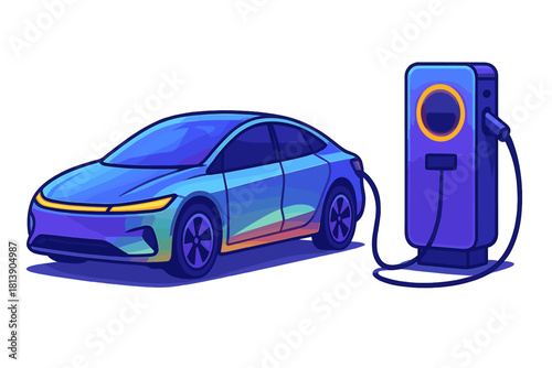 Blue electric sedan plugged into a glowing purple charging station for sustainable energy