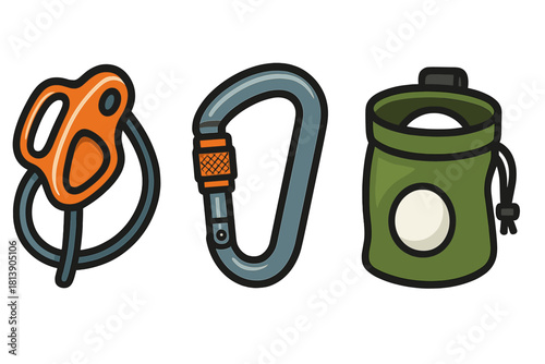 Essential climbing safety gear set including belay device, locking carabiner, and chalk bag