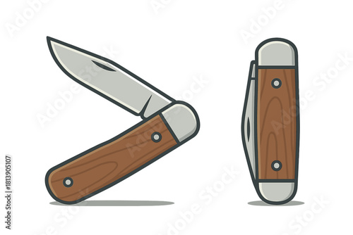 Classic folding pocket knife with wooden handle shown in open and closed views