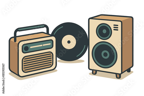 Vintage audio set including portable radio, vinyl record, and large speaker
