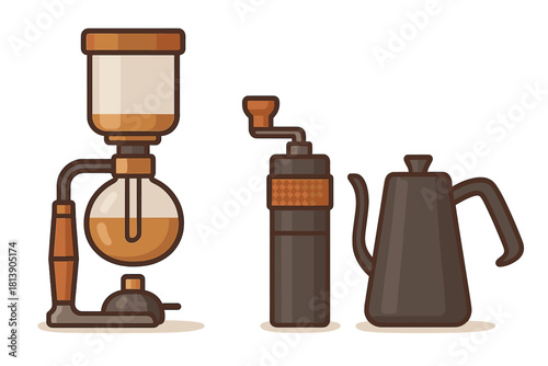 Modern specialty coffee brewing tools set with siphon, manual grinder, and kettle