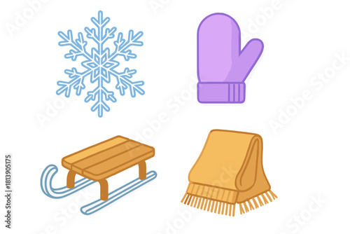 Set of winter essentials including a snowflake, cozy mitten, wooden sled, and warm scarf