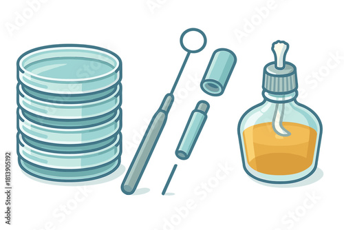 Essential microbiology laboratory equipment including stacked Petri dishes, inoculation loop, and alcohol burner